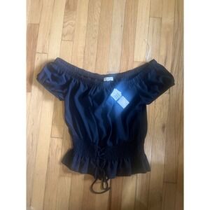 Ultra Flirt Black Off The Shoulder Smocked Lace Up Ruffle Top Large RW39472